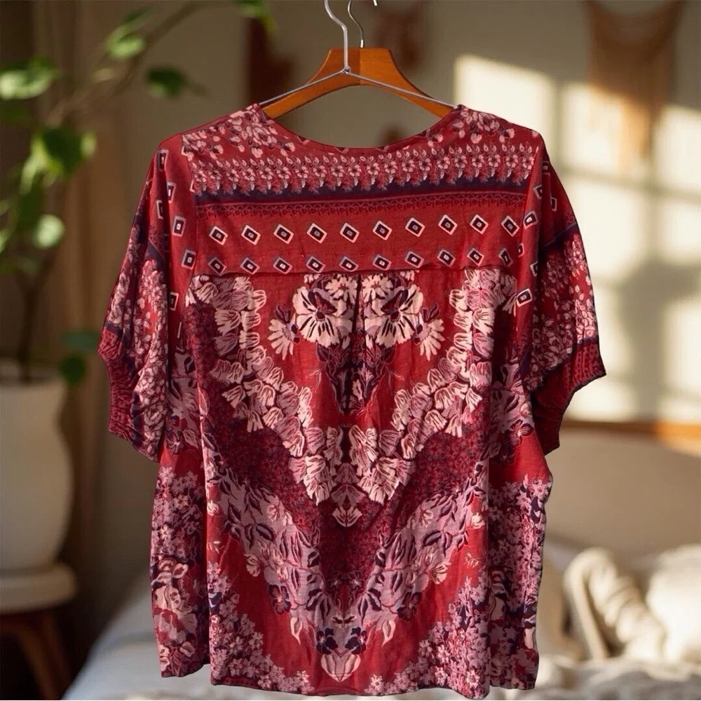Free People Boho Floral Puffed Sleeve Top Red XS - EUC